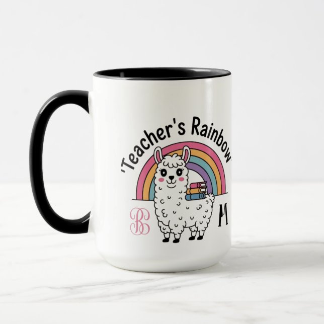 "Teacher's Rainbow" Mug – Cute Llama, Books & Rain (Left)