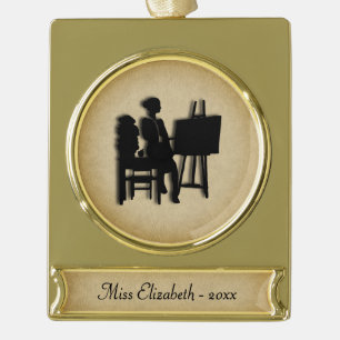 Teacher's School Room Gold Name and Year Plated Banner Ornament