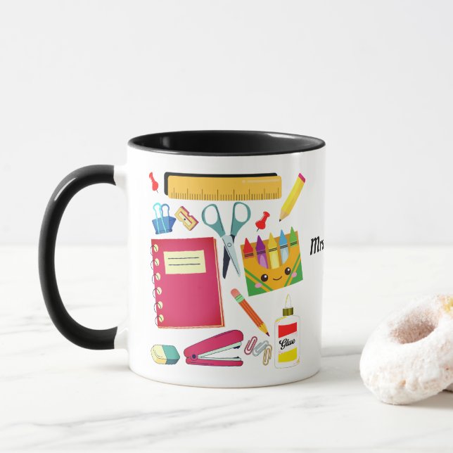 Teacher's School Supplies Black Mug (With Donut)