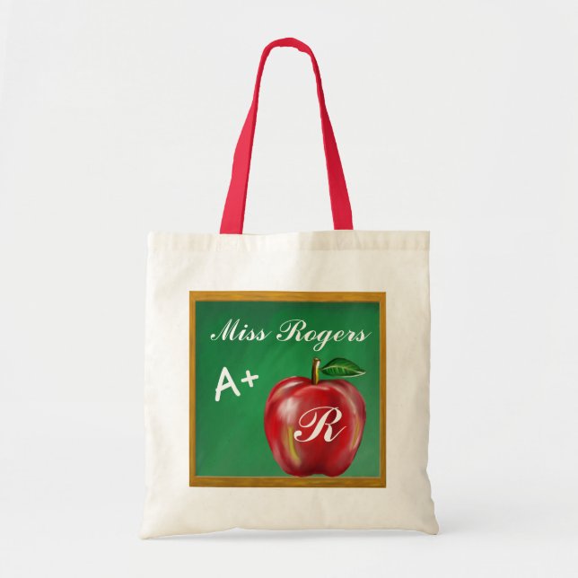 Teachers Students A+ Red Apple Green Chalkboard Tote Bag (Front)