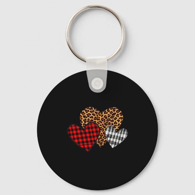Teachers Valentines 3 Hearts Buffalo Plaid Leopard Key Ring (Front)