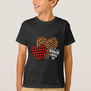 Teachers Valentines 3 Hearts Buffalo Plaid Leopard T-Shirt