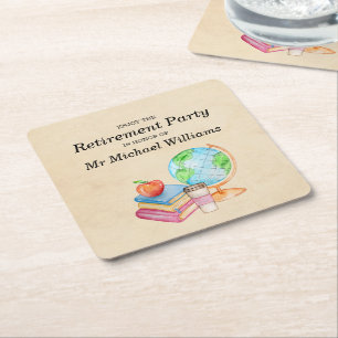 Teachers Vintage Globe Books Retirement Party  Square Paper Coaster