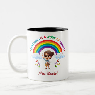 Teaching Is a Work of Heart Cute Rainbow Teacher Two-Tone Coffee Mug