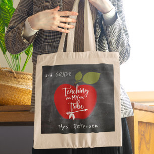 Teaching my tribe red apple teacher appreciation tote bag
