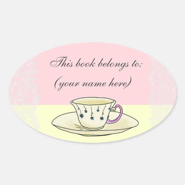 Teacup bookplate, round oval sticker (Front)