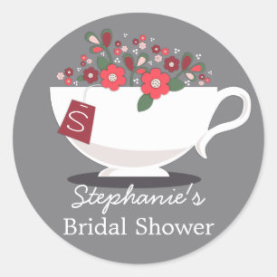 Teacup Coral Floral Monogram Bridal Shower Sticker