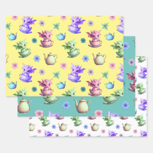 Teacup Dragons with Teapots and Flowers Wrapping Paper Sheet