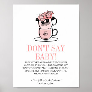 Teacup & Flowers Baby Shower Don't Say Baby Game Poster