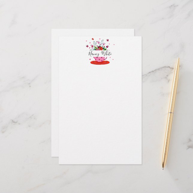 Teacup flowers personalised  stationery (Front/Back In Situ)