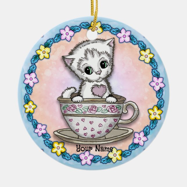 Teacup Kitten Cat Ceramic Tree Decoration (Front)