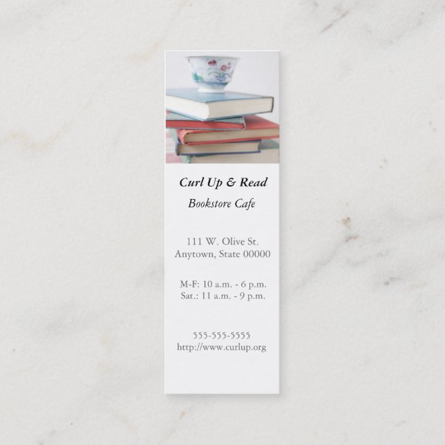 Teacup on book stack bookmark mini business card (Back)