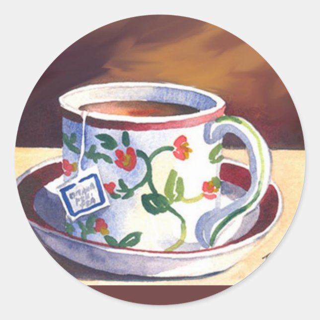 Teacup & Saucer with Teabag Classic Round Sticker (Front)