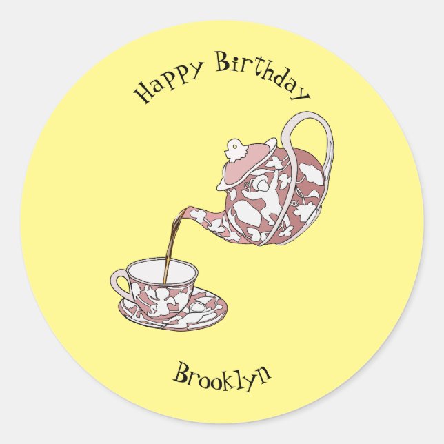 Teacup set cartoon illustration classic round sticker (Front)