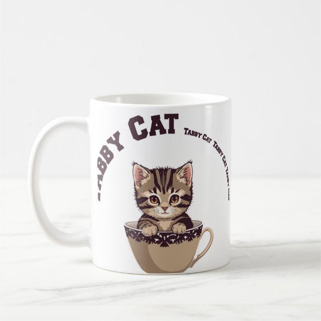 Teacup Tabby Cat Cute Kitten Tea Lover Art Coffee Mug (Left)