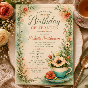 Teacup Teal Cottagecore Birthday Invitation