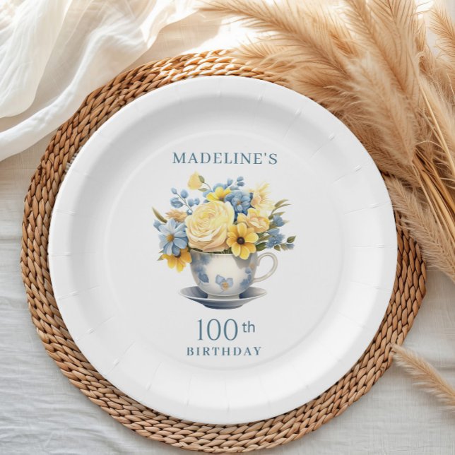Teacup Yellow Blue Flowers 100th Birthday Paper Plate (Blue teacup and yellow floral 100th birthday party paper plate)