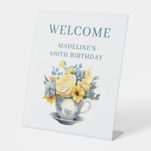 Teacup Yellow Blue Flowers 100th Birthday Welcome Pedestal Sign
