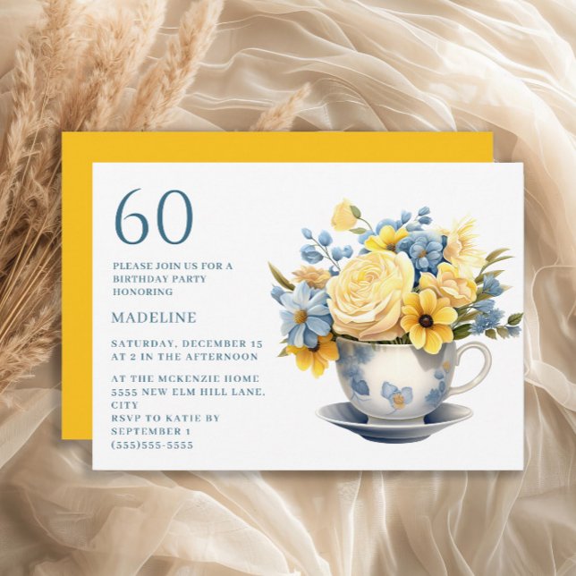 Teacup Yellow Blue Flowers 60th Birthday  Invitation (Blue teacup and yellow flowers 60th birthday party invitation)