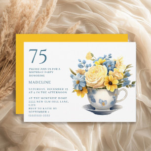 Teacup Yellow Blue Flowers 75th Birthday  Invitation