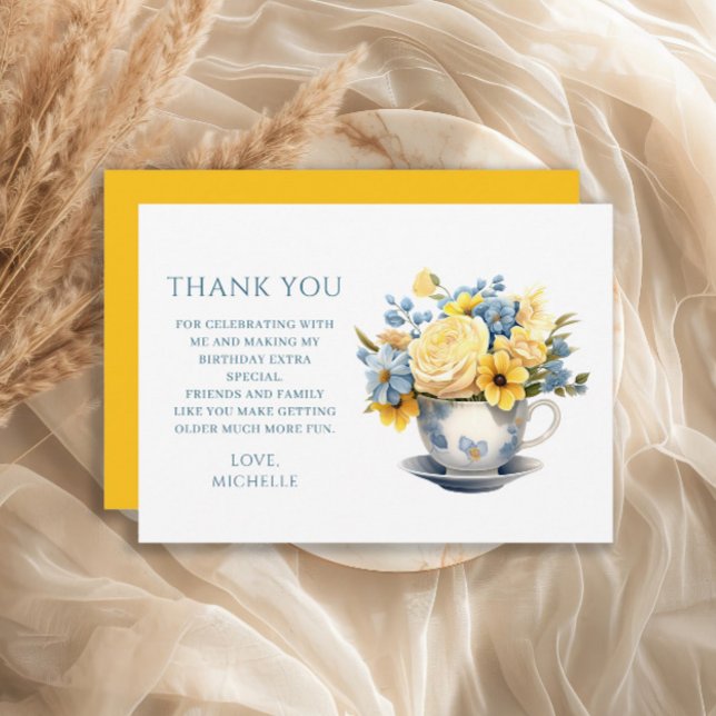 Teacup Yellow Blue Flowers Birthday Thank You Card (Blue teacup and yellow flowers birthday party Thank You card)