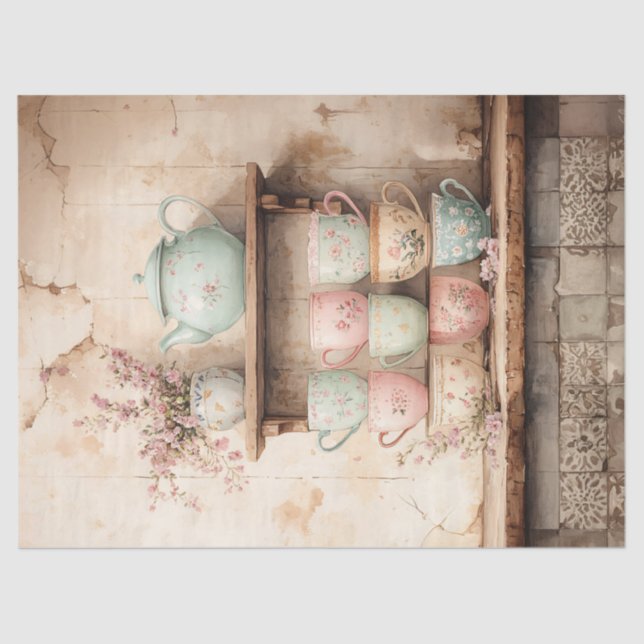 Teacups and Tea Pot Set Rustic Decoupage Tissue Paper (Front)