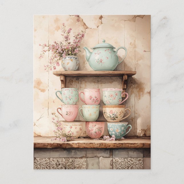 Teacups and Tea Pot Set Rustic Postcard (Front)
