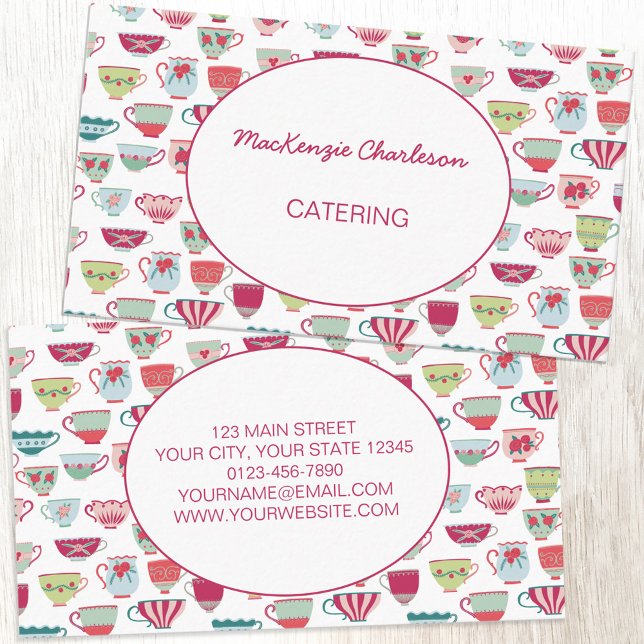 Teacups Modern Catering Business Card (Retro tea cup pattern catering cafe bakery custom business card)