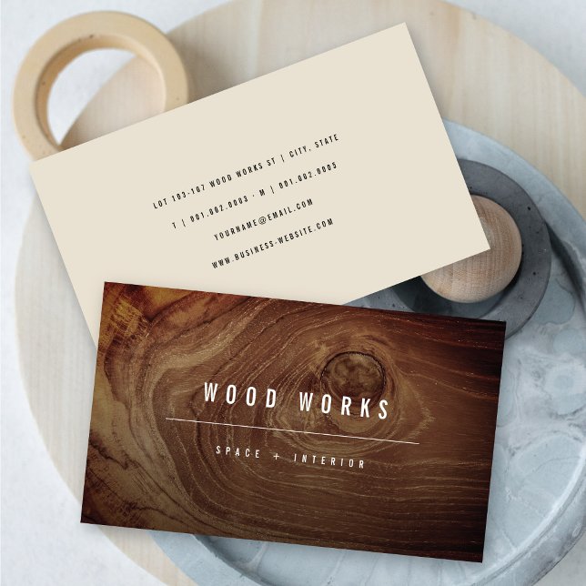 Teak Wood Grain Photo Minimalist Interior Design Business Card (Teak Wood Grain Photo Modern Minimalist Interior Design Business Card @ zazzle.com/color_therapy)
