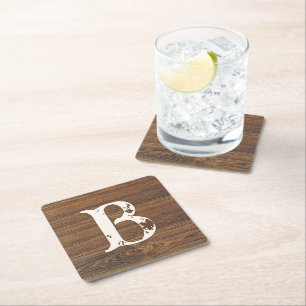 Teak Wood Grain with Monogram Square Paper Coaster