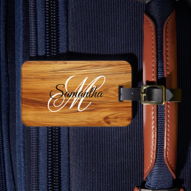 Teak Wood Image Fancy Monogram Luggage Tag (Front Insitu 4)
