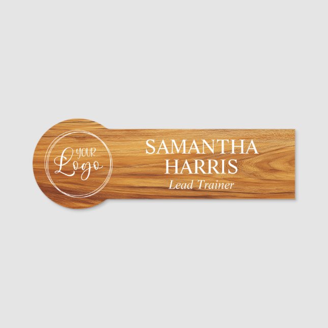 Teak Wood Image Logo White Text Name Tag (Front)
