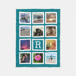 Teal 11 Photo Collage Mosaic Square Frame Monogram Fleece Blanket