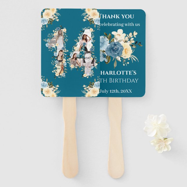 Teal 14th Birthday Photo Collage Yellow Flower Hand Fan (Front and Back)