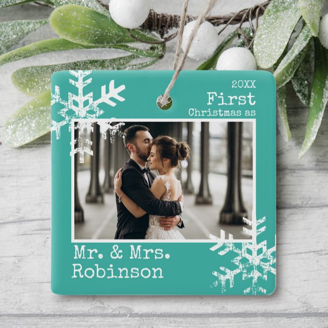 Teal 1st Christmas Mr. & Mrs. Photo Ceramic Ornament (Rustic snowflake newlywed holiday keepsake photo ornament perfect for gifts to bring joy to others.)