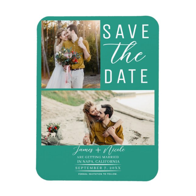 Teal 2 Photos Save the Date Wedding Magnet (Vertical)