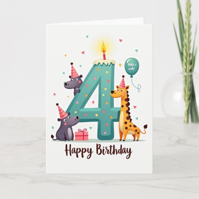 Teal 4Th Birthday Animal Card (Front)
