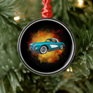 Teal 59 Corvette Car Red Explosion background Metal Tree Decoration