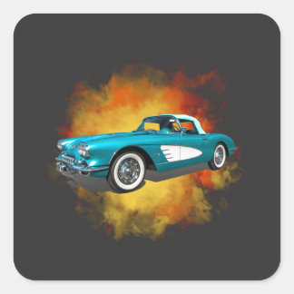 Teal 59 Corvette Car Red Explosion background Square Sticker