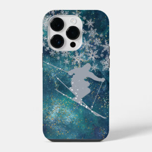 Teal Abstract Gold Starry Snow Skier iPhone 14 Pro Case
