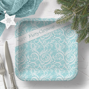 Teal Abstract Snowflake Pattern#10 ID1009 Paper Plate