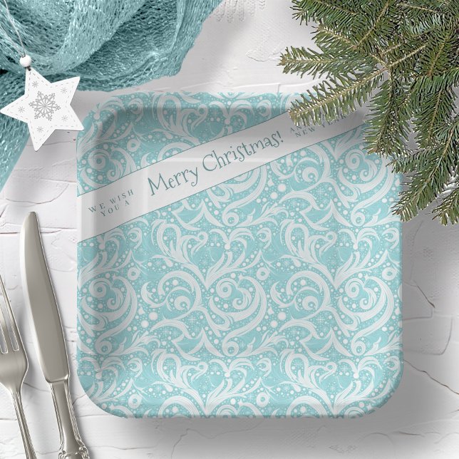 Teal Abstract Snowflake Pattern#10 ID1009 Paper Plate (Creator Uploaded)