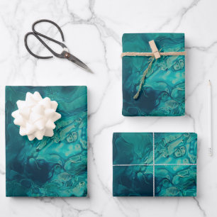 Teal Acrylic Pouring Abstract Fluid Art  Wrapping Paper Sheet