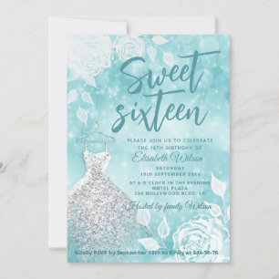 Teal Adorable bokeh white roses sweet sixteen Invitation