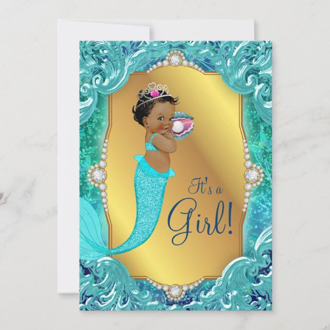 Teal African American Mermaid Sea Baby Shower Invitation (Front)