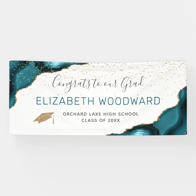 Teal Agate Faux Gold Glitter Graduation Banner (Horizontal)