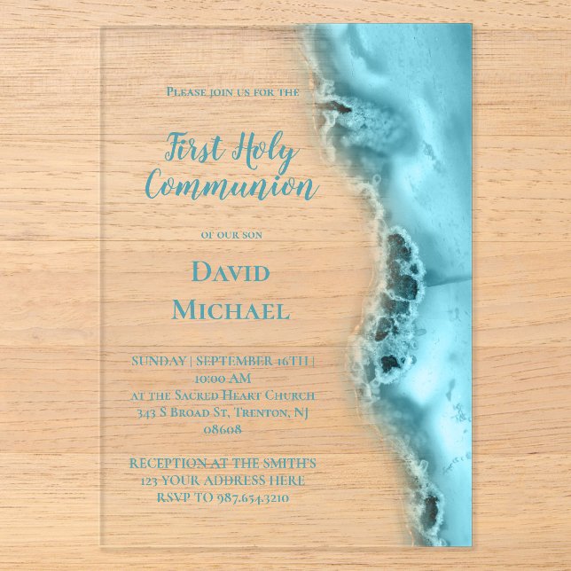 teal agate First Holy Communion Acrylic Invitations (Front)