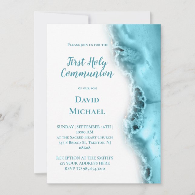 teal agate First Holy Communion Invitation (Front)