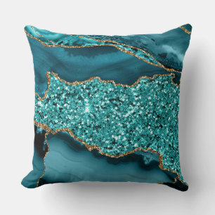 Teal Agate Geode Glitter Gold Abstract Design Cushion