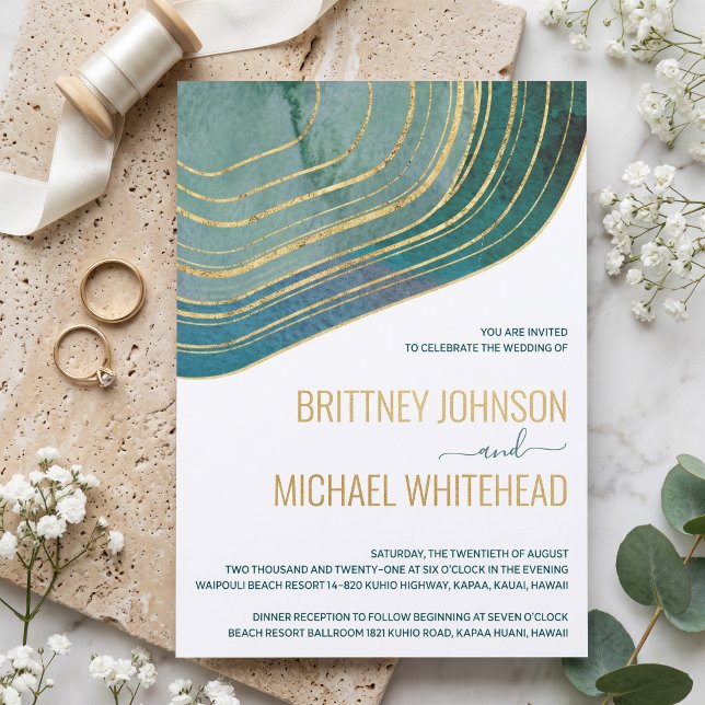 Teal Agate Geode Gold Foil Modern Coastal Wedding Invitation (Invite loved ones to celebrate your special day with this teal agate geode modern invitation.)